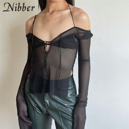 Nibber Mesh See Through Women Crop Tops Summer Shoulderless Long Sleeves V Neck Halter Tops Female Praty Nightclub T-Shirt 220407
