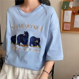 Women's T-Shirt Sky Blue YOSEMITE Bear Embroidery T Shirts Cotton O-neck Short Sleeve Oversized Vintage American Fashion Teens ClothesWomen'