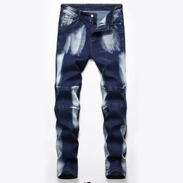 Stretch Fit Washed White Jeans Fashion Casual Mens Biker Pants Dark Blue Tie Dye Denim Cotton Trousers Vaqueros de hombre