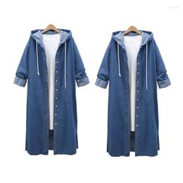 Men's Trench Coats 2 Pcs Women Fashion Loose Long Sleeve Hooded Denim Jacket Coat Ladies Casual Buttons Jean Cardigan Outwear Tops Dark B Vi