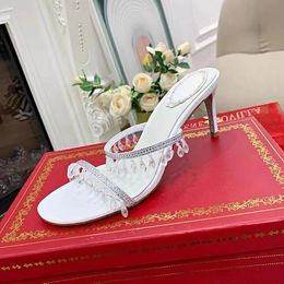 Rene Caovilla Designers Quality High Sandals 100% Leather New Women Sandal Crystal Pendant Wedding Dress Shoes Heels Sexy Slides