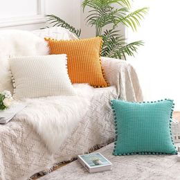 Cushion/Decorative Pillow Solid Corn Corduroy Cushion Cover With Pompom Ball Pink Grey Blue Yellow Home Decorative Flocking Velvet W220412