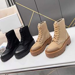 2022 Designer Autumn Winter Lace Up Boots Black Chunky Platform Boot Leather Round Head Combat Boots Nylon Boots With BOX NO396