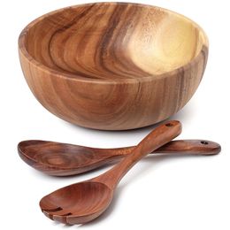 Wooden Salad Bowl-Large Tableware 9.4 Inch Acacia Wood Salad Wooden Bowl with Spoon Can Be Used for Fruit Salad Kitchen Supplies 220408