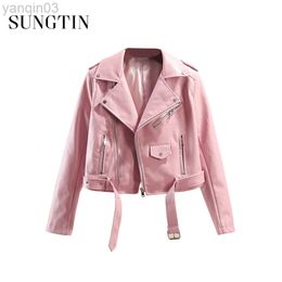 Sungtin PU Leather Jacket Women Colour Y2K New Fashion Short Faux Leather Biker Jacket with Belt Cool Outwear Lady L220801
