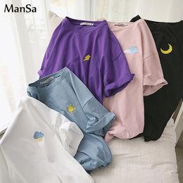 Korean Weather Embroidery Loose Basic T Shirt Summer Short Sleeve Simple T-shirts For Women Harajuku Kawaii Funny Student