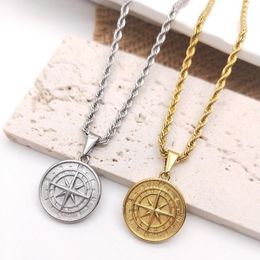 Pendant Necklaces Rope Chain Compass Women Men Gold Necklace Vintage Stainless Steel Round Coin Fashion JewelryPendant