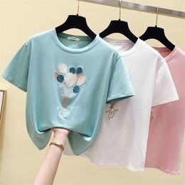 gkfnmt Summer Pink T shirt Women Tops Kawaii Embroidery White Tshirt Women Korean Clothes Short Sleeve Casual Tee shirt Femme 210311