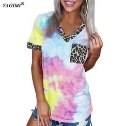 YAGIMI Summer New Tiedye Printed with Leopard Vneck Shortsleeved Tshirt Ladies Tops Womens Loose Casual Tee Shirts T200614