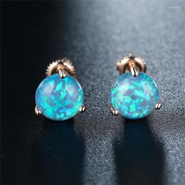 Stud Charm Rose Gold Colour Wedding Earrings Classic 3 Prong Round Stone Blue Fire Opal Small For Women Jewellery Moni22