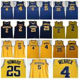 NCAA Michigan Wolverines College Basketball 25 Juwan Howard Jerseys 4 Chris Webber 2 Jorda Poole 5 Jalen Rose Retro Vintage University Navy Blue Yellow Good Quality