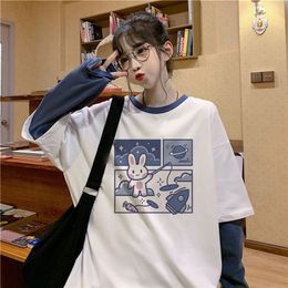 Fake two-piece t-shirt women autumn Harajuku style ins student wild sweet and loose Korean long-sleeved kawaii female tshirt 220408