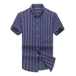 Plus Size 7XL 6XL 5XL Mens Business Casual Short Sleeve Striped Shirt Button UP Cotton Male Red Blue Social Dress Shirts 210412
