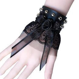 Charm Bracelets Pu Leather Stud Garment Rivet Lace Flower Bracelet For Lolita Punk Nu-Gothic Romantic Goth Harajuku Cosplay Sexy Hand Jewelr