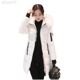 Fashion Down Cotton Coat Women New White Pink Red Slim Parkas Jacket Fur Collar Hooded Thick Warm Long Cotton Jacket L220730