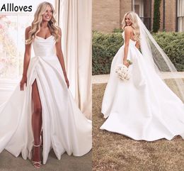 White Satin A Line Wedding Dresses Sexy High Split Strapless Boho Garden Bridal Gowns CL0310