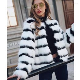 Women's Fur & Faux Winter Mink Coat Elegant Striped Cardigan Spliced Women Coats 2022 Fashion Furry Jacket O-Neck Mixed Colour Chic Outwear