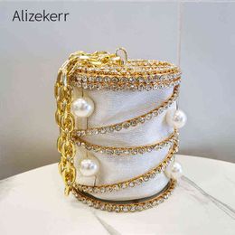 Evening Bag Large Pearl Rhinestone Metal Cage Bag Women 2022 New Designer Chic Necklace Handle Clutch Wallet and Handbag Wedding Party 220622