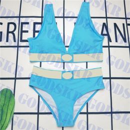 Blue Swimwear Womens Split Bikini Gold Print Women Swimsuit Suit V Neck Ladies Swim Wear
