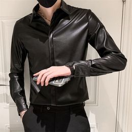 Autumn Winter Men's Korean Slim Fit Leather Shirt Camisa Social Masculina Trend Brand Fashion Black Shirts 220322
