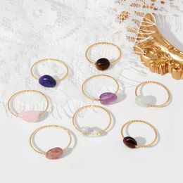 Minimalism Natural Stone Rings Golden Metal Gem Stone Rose Quartz amethyst Beads Ring Trendy Healing Jewelry Gifts