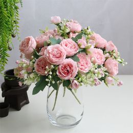 Hermosa rosa peony seda artificial flores pequeños bouquet blanco fiesta en el hogar decoración de boda de invierno flores falsas 2899 T2
