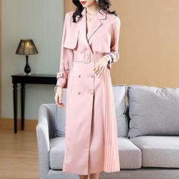 Women's Trench Coats Abrigos Mujer Fall 2022 Windbreaker Lapel Fashion Pink Pleated Double-Breasted Mid-length Straight Z455