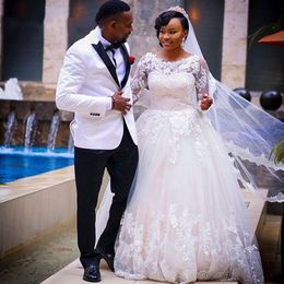 Vit plusstorlek bröllopsklänning spets applikation pärlstav långärmad dubai afrikanska tyll brudklänningar 2022 mantel de marie 328 328