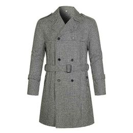 Men's Wool & Blends Autumn Winter Woolen Coat Boutique Houndstooth Slim Lapel Belt Trench High-end Urban Fashion Blended Man T220810