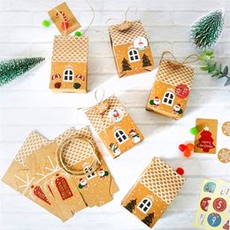 box stickers cookies UK - 24 Sets Christmas House Gift Box Kraft Paper Cookies Candy Bag Snowflake Tags 1-24 Advent Calendar Stickers Rope Party Supplies 220316