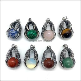 Charms Jewellery Findings Components Dragon Claw Natural Crystal Stones Round Tiger Eye Black Onyx Rose Quartz Stone Ba Dhcdt