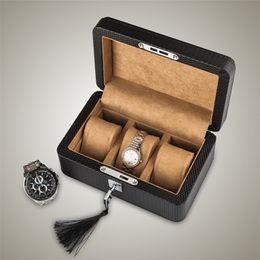 3 Slots Leather Watch Box Case Black Mechanical Watch Organiser With Lock Women Jewellery Storage Holder Gift Case T200523297I
