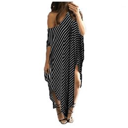 Casual Dresses 2022 Women's Sexy Summer One-shoulder Batwing Sleeve Striped Irregularity Long Dress Vestido De Festa