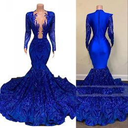 2022 Sexy Royal Blue Sparkly Sequined Lace Prom Dresses Deep V Neck Long Sleeves Sequins Mermaid Plus Size Pageant Party Dress Formal Evening Gowns Wear