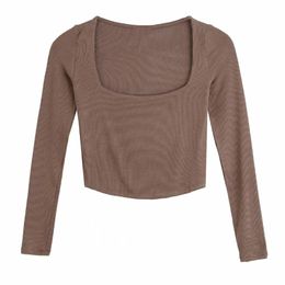 Autumn Women Square Collar Knitting Short T Shirt Casual Femme O Neck Long Sleeve Crop Tops T1380 220402