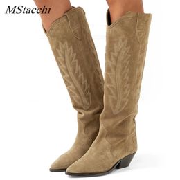 MStacchi Nude Black Suede Embroidered Knee high Boots Women Pointy Toe Spike Kitten heels Winter Long Boots Flats Knight Boots Y200114