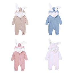 Baby's Winter Plush Romper Rabbit Hooded Zipper Bodysuit Toddler Boys Girls One Piece Jumpsuits Coral Fleece Pajamas Outerwear G220510