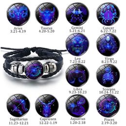 Bulk Price Twelve Constellation Luminous Charm Bracelet Men Women Signs of Zodiac Rope Chain Bracelets Unisex Jewelry Bangle Accessories Gift