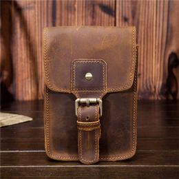 Mens Waist Pack Genuine Leather Pouch Waist Bag for Men Fanny Pack Cow Leather Mini Phone Bag Vintage Big Wallet Belt Loop Hoop 201118