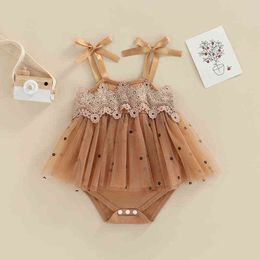 Baby Girls Summer Rompers Cute Newborn Casual Clothes Solid Sleeveless Lace Crochet Tie-up Rompers Jumpsuits Floral Tulle Dress G220510