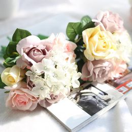 Decorative Flowers & Wreaths Artificial Rose Wedding Bridal Bouquet White Pink Silk Hydrangea Home Decoration Party Decor SuppliesDecorative