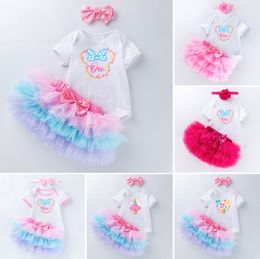 Baby Girl 1st Birthday 3pcs clothing set with Headband & Romper & Skirts Infant toddler summer outfits for photography