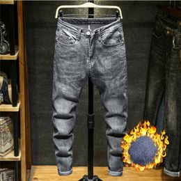 Mens Winter Thicken Fleece Jeans Stretch Denim Warm Jeans For Men Designer Brand Long Pants Jean Grey 28-38 201128