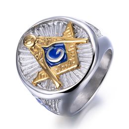 New Gold Silver Masonic Ring Stainless Steel Blue Enamel Freemason Jewellery Free mason Signet Ring jewel for men Wholesale