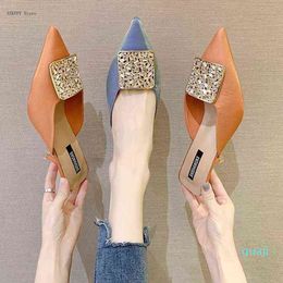 Sandals Women's Summer Fashion Pointed Toe Square Buckle Stilettos Lazy Half Slippers Women Baotou High Heel Mules Women Shoes