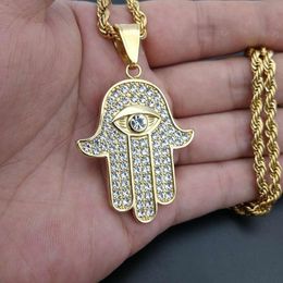 Pendant Necklaces Micro Paved CZ Stone Gold Fatima Hand Islam Amulet Necklace 316L Stainless Steel Men Bling Iced Out Hip Hop JewelryPendant