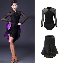 Stage Wear Latin Skirt Salsa Dress Samba Dancing Costumes Tango Blouse Top Black Women Bodysuit Practise Cloth XS1892Stage