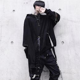 HOUZHOU Black Hoodie Goth Sweatshirt Hood Autumn Techwear Punk Gothic Darkwear Sweatshirts Streetwear Hip Hop Harhjuku 220325