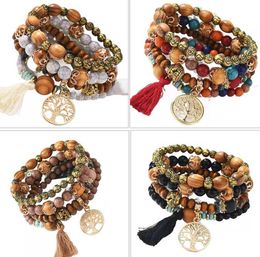 18cm Multilayer Wood Beads Strands Tassel Tree Of Life Charm Bracelets Bohemian Beach Style Bangles For Women Gift Wrist Mala Bracelet Gift 5 Colours