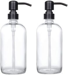 Dispensador de jabón de jabón de pinta de vidrio transparente de 2 paquetes con bomba de acero inoxidable negro mate